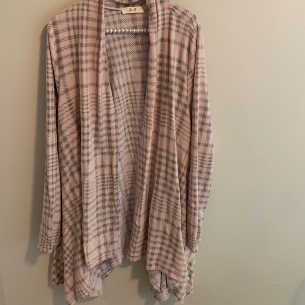 Jade By Jane Pink Plaid Open Front Waterfall Cardigan Jacket Pockets Size 2XL